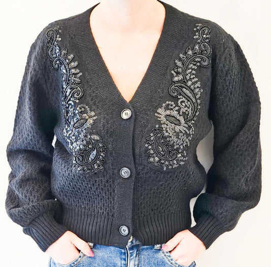 Gilet noir brodé de perles - les precieuses