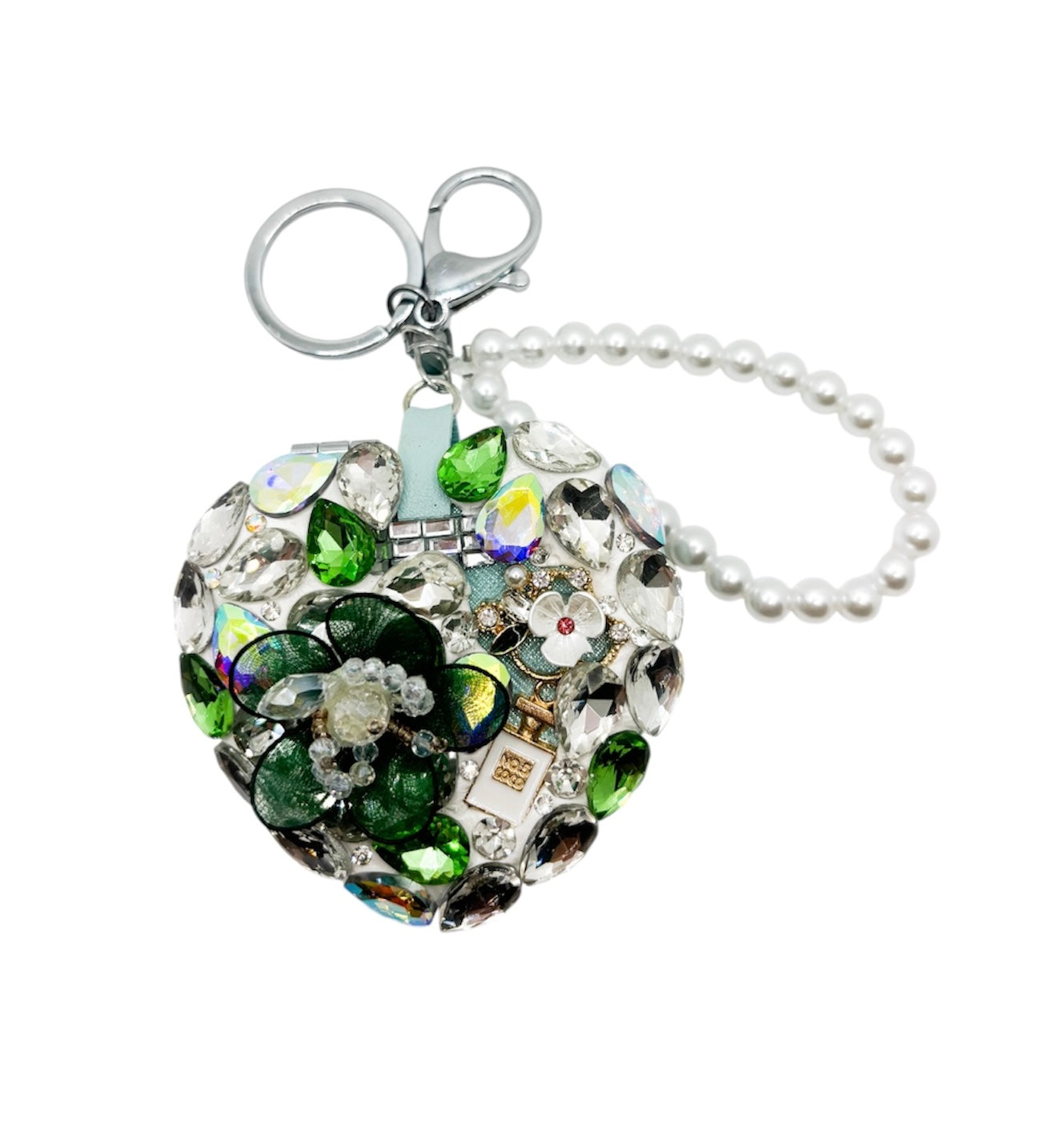 Porte-clé miroir fleur verte - les precieuses